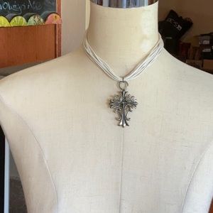 White and Silver Tone Cross Necklace, Pre-owned